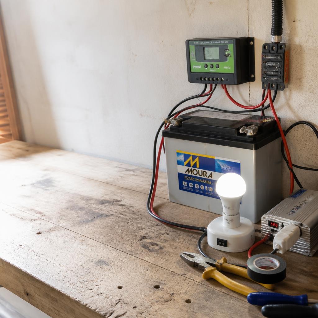 Bateria, controlador de carga e lâmpada LED em bancada de madeira