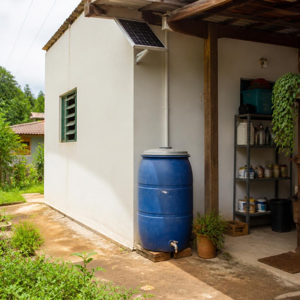 Casa brasileira com reservatório de água, painel solar e prateleira organizada