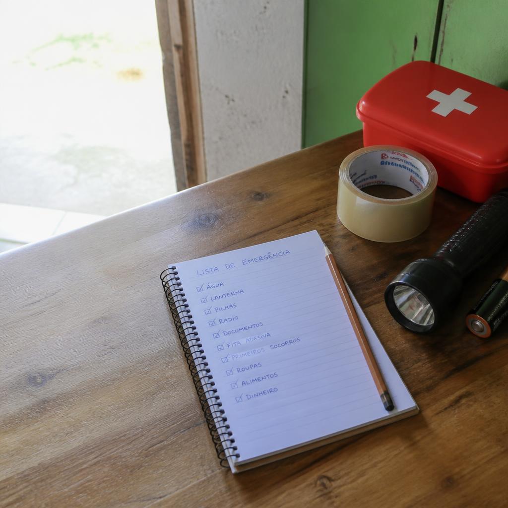Caderno com lista de emergência ao lado de lanterna e kit de primeiros socorros